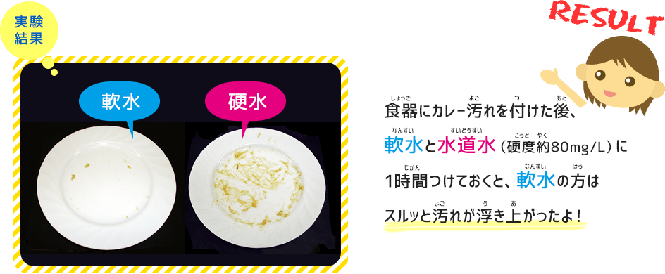 実験結果　食器にカレー汚れを付けた後、軟水と水道水（硬度約80mg/L）に1時間つけておくと、軟水の方はスルッと汚れが浮き上がったよ！