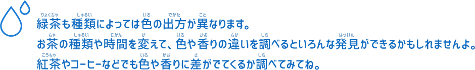 緑茶も種類によっては色の出方が異なります。お茶の種類や時間を変えて、色や香りの違いを調べるといろんな発見ができるかもしれませんよ。紅茶やコーヒーなどでも色や香りに差がでてくるか調べてみてね。